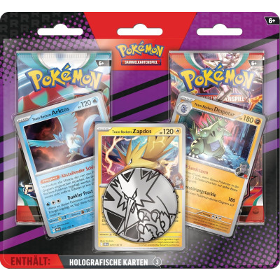 Karmesin & Purpur Enhanced 2-Pack Blister DE (Team Rockets Zapdos, Arktos und Despotar)